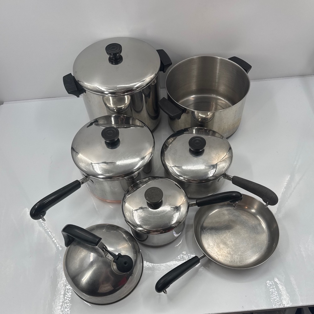 Revere Ware Copper Bottom Cookware Set 11 Piece Stainless Steel Pots Pans Kettle